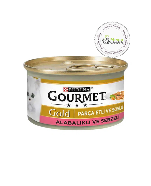 کنسرو گربه، ماهی قزل آلا و سبزیجات در سس